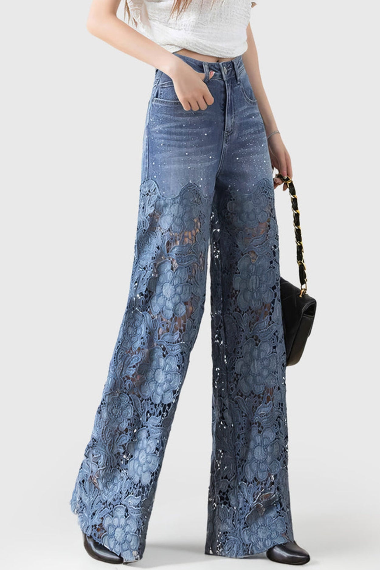Jean large broderie dentelle fleurie