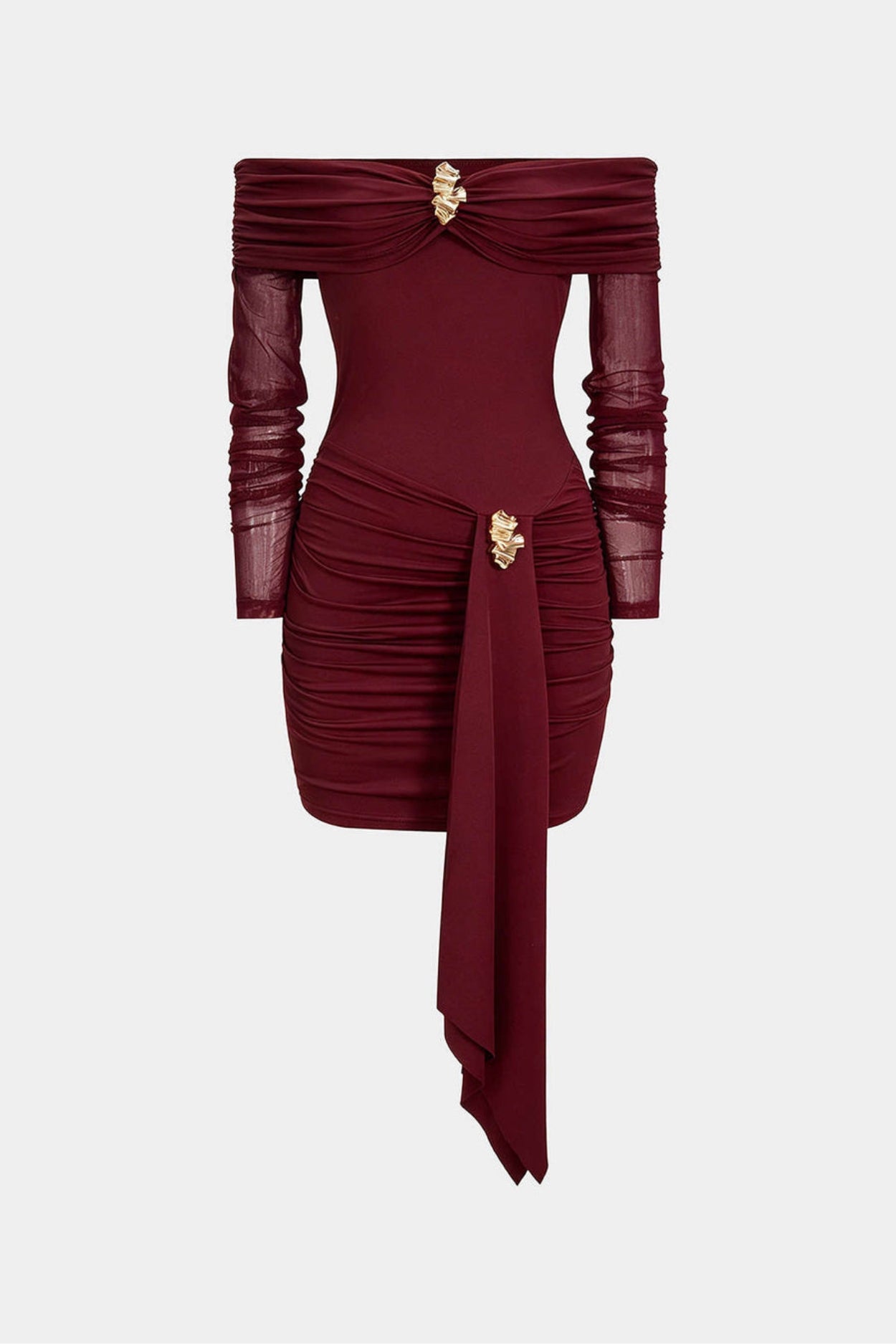 Robe courte noire drapée à épaule dénudée et détails dorés